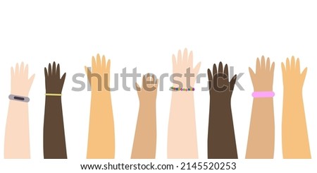 Banner with the image of the hands of people of different nationalities reaching up. Illustration.