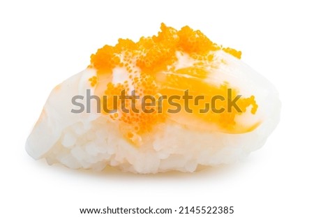 sushi with salmon, avocado, tuna and cucumber isolated on white background