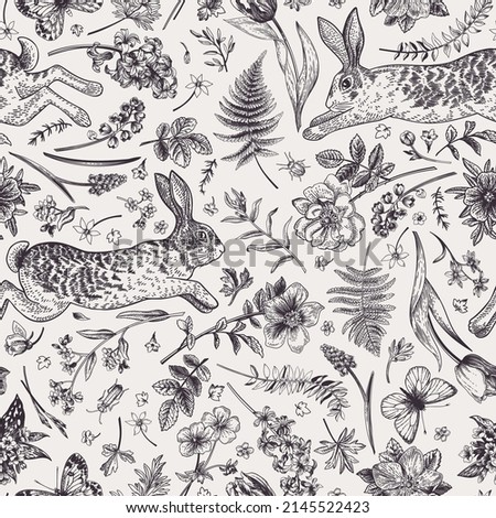 Seamless floral pattern with rabbits and butterflies.
Vintage botanical background. Spring garden flowers. Black and white.