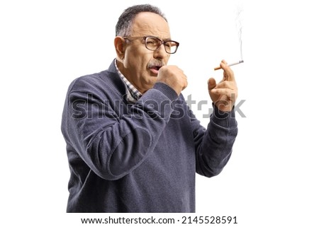 Mature man smoking and coughing isolated on white background Royalty-Free Stock Photo #2145528591