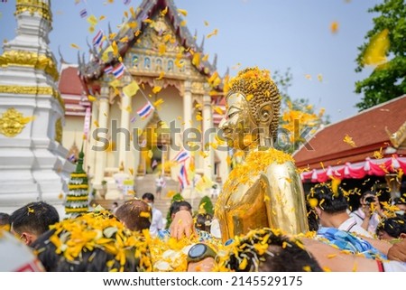 Picture of the Buddha image of Luang Pho Phra Sai. Songkran amulet procession or Maha Songkran – Nong Khai at Wat Pho Chai, Nong Khai Province 13 April 2022