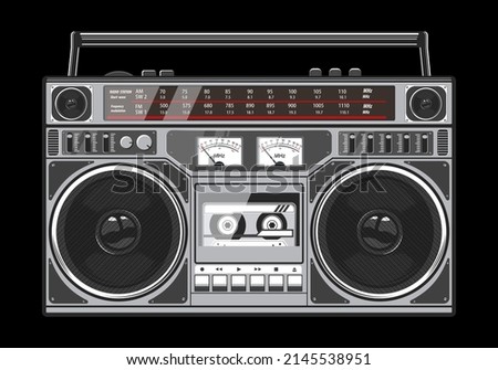 Boombox vector illustration. 80s technology. 90s music player. Retro style 90s boombox illustration. Royalty-Free Stock Photo #2145538951