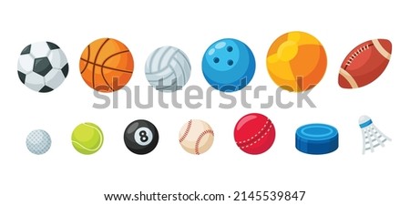 Set of Various Balls for Sport Games Soccer, Basketball, Volleyball and Rugby, Golf, Billiards, Tennis or Baseball. Softball, Bowling, Badminton Shuttlecock and Hockey Puck Cartoon Vector Illustration