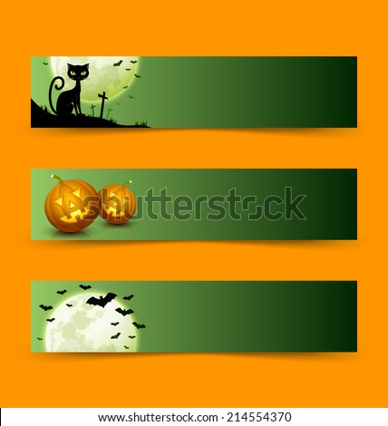 Creepy Halloween banners with full moon, black cat, bats and carved Jack-o'-lantern pumpkins