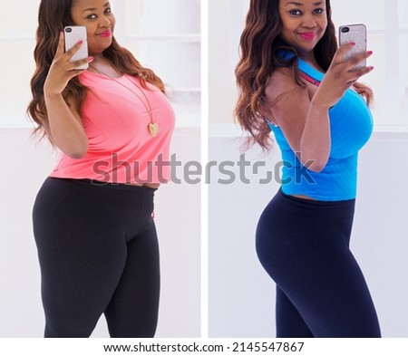 I look fine. Shot of a woman before and after her diet. Royalty-Free Stock Photo #2145547867
