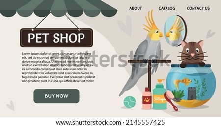 Pet shop sale banner  for website with domestic animals and care accessories. Zoo store discount . Vector illustration