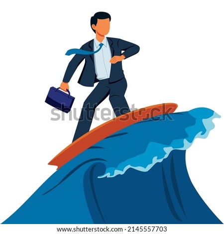 Flat design illustration with businessman riding big wave on a surfboard.