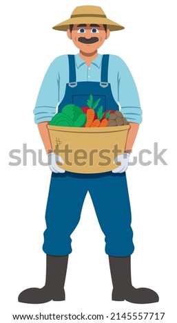 Cartoon illustration with farmer holding basket full of vegetables from his garden.