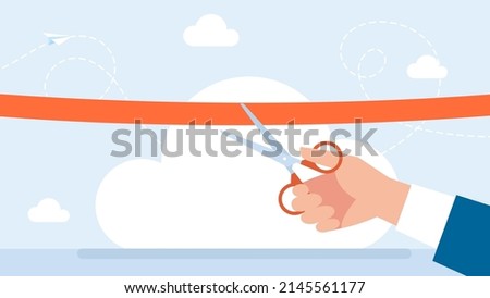 Grand opening concept. The new store, website. Startup. A businessman holding scissors in his hand cuts a red ribbon. The ceremony, celebration, presentation, and event. Flat style vector illustration