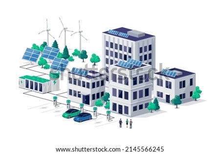 Smart sustainable eco city with residential downtown buildings and renewable solar wind power station with battery energy storage. Electric cars charging near house, work offices and business center. Royalty-Free Stock Photo #2145566245