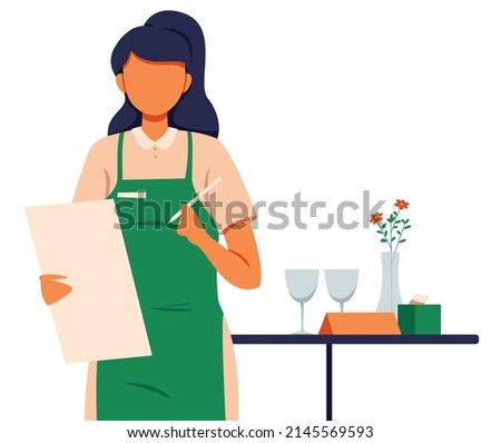 Flat design illustration of waitress taking order in a restaurant.