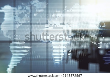 Double exposure of abstract digital world map on a modern meeting room background, research and strategy concept