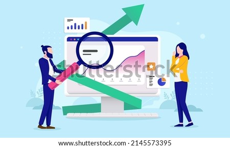 Analysing business - Woman and man with magnifying glass looking at charts and graphs on computer screen. Flat design vector illustration with blue background Royalty-Free Stock Photo #2145573395