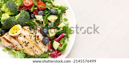 Ketogenic diet meals assortment on light background. Healthy eating concept. Flat lay, top view, copy space Royalty-Free Stock Photo #2145576499