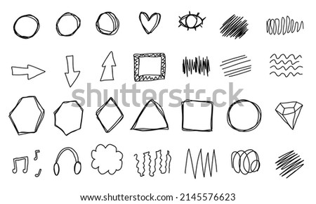 Doodle line arrows, text, diamond, eye, frames. Sketch set cute isolated line collection for office.