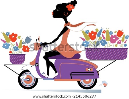 Pretty young African woman, a scooter and bouquets of flowers illustration. 
Smiling young African woman rides a scooter and carries a bouquets of flowers in the baskets isolated on white background

