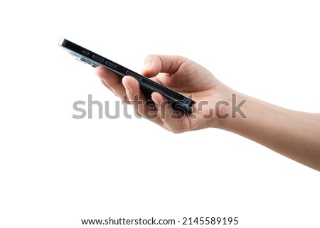 hand holding phone mobile and touching screen isolated on white background