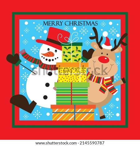 Snowman, Reindeer and Christmas Gift For Christmas Greeting Card