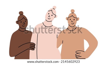 Group of abstract young Women. Female cartoon characters. Hand drawn Vector illustration