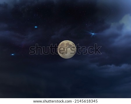 big moon on  dramatic blue light  dark  cloudy starry  sky and  background  template weather forecast