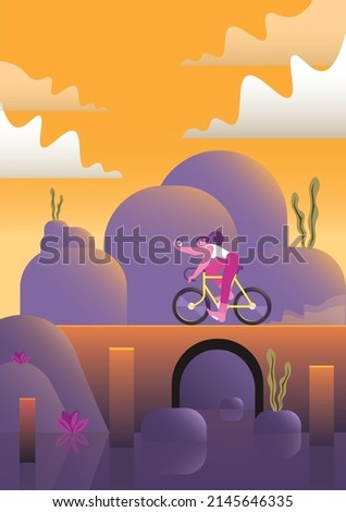 vector illustration of a cartoon female character riding bicycle through a rough terrain landscape with a stopwatch in a hand. woman moving to her life goal. Trendy flat character design.
