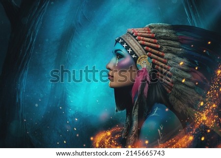 Woman in western indian style against blue forest background