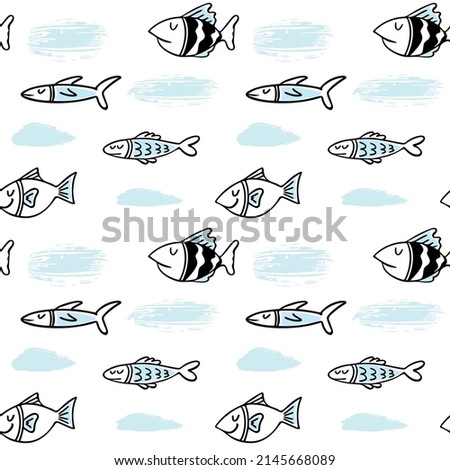 Vector fishes doodles seamless pattern.. Cute clipart. Hand drawn illustration. Perfect for textile print, baby shower, kids bedroom decor, birthday party, packaging design, wrapping paper, fabric in 