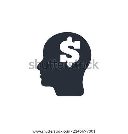 Person with dollar icon. man head Businessman with money sign. Circle icon of human silhouette profile with dollar sign in head.