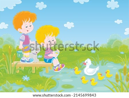 Happy little boys with a merry pup feeding small yellow ducklings and a white duck swimming on a pretty lake in countryside on a warm summer day, vector cartoon illustration