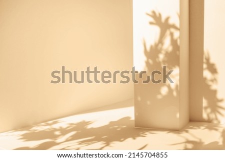 White table and abstract geometric wall background with flowers and palm leaves shadows overlay. Abstract beige studio background for product presentation. 3d room with copy space. Summer concept.