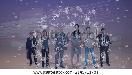Composition of network of connections with digital icons over business people. global online business, networking and digital interface concept digitally generated image.