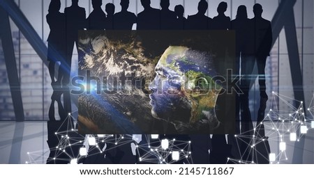 Earth painted male face and network of connections against silhouettes of businesspeople. global networking and business technology concept