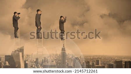 Composition of three caucasian businessmen on ladder looking through binoculars over cityscape. global business and finance future concept digitally generated image.