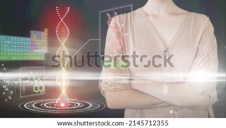 Composition of dna and medical data processing on screen over midsection of businesswoman. global medicine and science digital interface and technology concept digitally generated image.