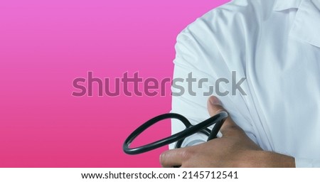 Composition of midsection of male doctor in lab coat and stethoscope with copy space. medicine and healthcare services concept digitally generated image.