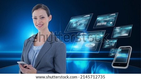 Composition of smiling businesswoman using smartphone over digital screens with data processing. global business, technology and digital interface concept digitally generated image.