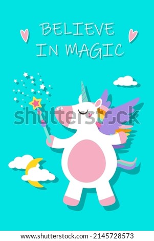 Magical cute Unicorn Template for Birthday party Invitation Card, Baby Shower, children prints, posters, Decoration Text - Believe in magic. EPS