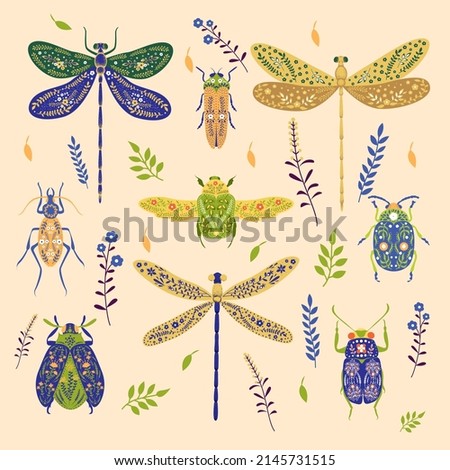 Colorful different insects, worms and bugs flat set for web design. Cartoon field beetles, maggot, earthworm and dragonfly isolated vector illustration collection. Pests and agriculture concept