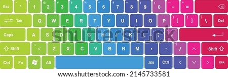 Colorful Keyboard with all symbols, letters of the alphabet and numbers to type - Multicolored International design for a vector editable keypad Royalty-Free Stock Photo #2145733581