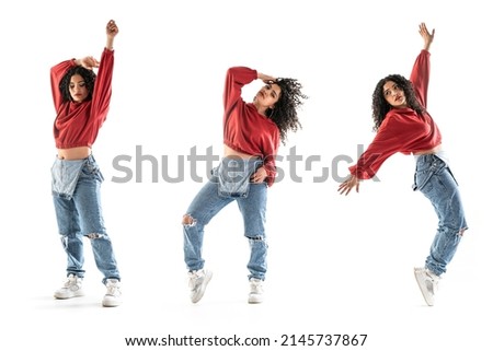 Multiple photo of latin brunette woman dancing in studio with white background