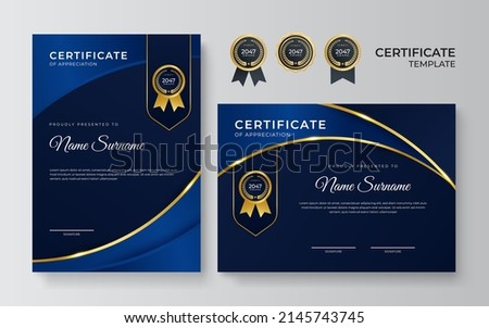 Dark blue color certificate award design template. Clean modern certificate with gold badge. Certificate border template with luxury modern line pattern. Diploma Certificate vector template set Royalty-Free Stock Photo #2145743745