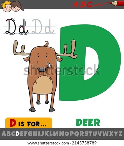 Educational cartoon illustration of letter D from alphabet with deer animal character