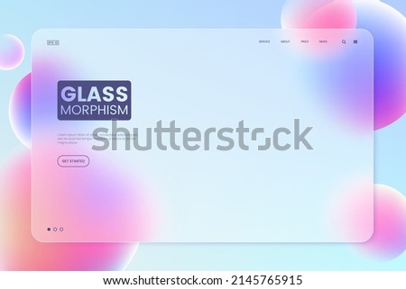 Website landing page template in glassmorphism style. Horizontal Website screen with glass overlay effect isolated on abstract background with liquid gradient shapes. Vector illustration. Royalty-Free Stock Photo #2145765915