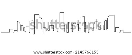 Modern cityscape continuous one line vector drawing. Metropolis architecture panoramic landscape. New York skyscrapers hand drawn silhouette. Apartment buildings isolated minimalistic illustration Royalty-Free Stock Photo #2145766153