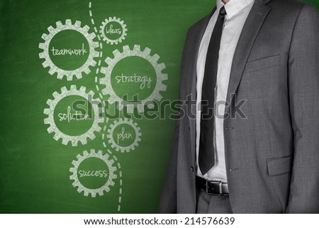 Business plan on Blackboard with businessman in suit