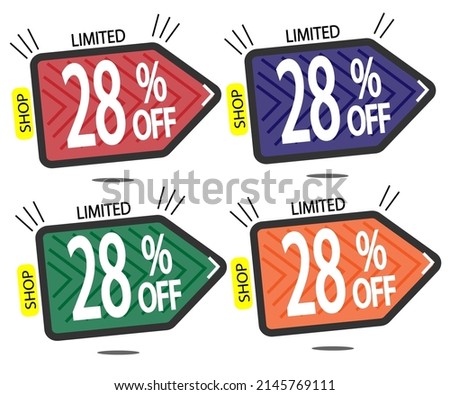 Set Sale 28% off banners discount tags design template, promo app icons, vector illustration colorful