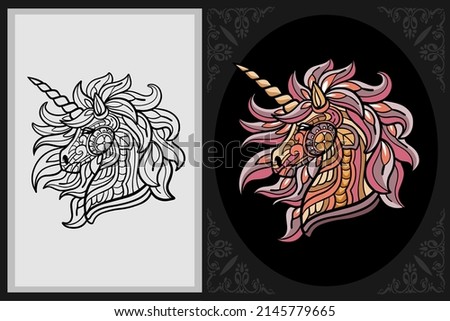 Colorful unicorn head zentangle art with black line sketch isolated on black and white background
