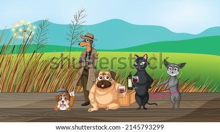 Set of different domestic animals in field illustration