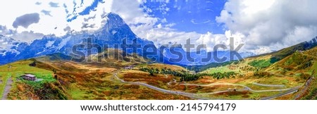 Panorama of a mountain valley under the clouds. Mountain panorama. Mountain valley panoramic landscape. Mountain panoramic landscape Royalty-Free Stock Photo #2145794179