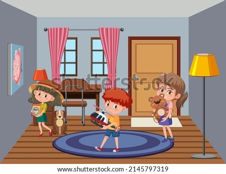 Living room scene with children cartoon character illustration